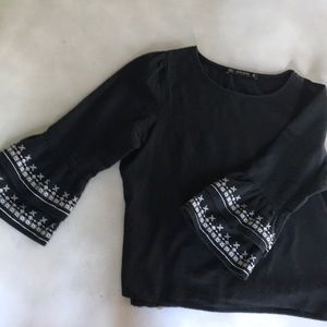 Zara Black embroidered bell sleeve top